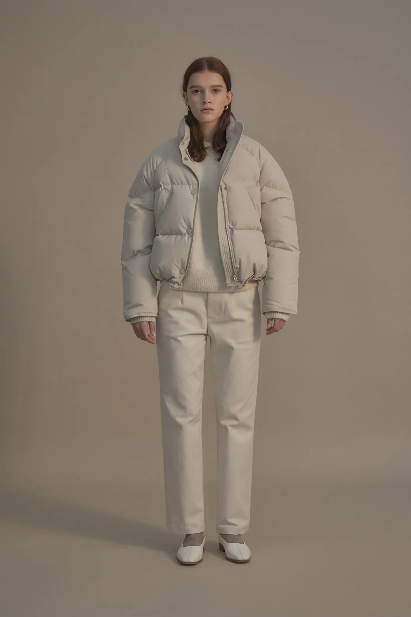 Nothing written Outwears-10TH / Cropped string puffer jacket (White fog)