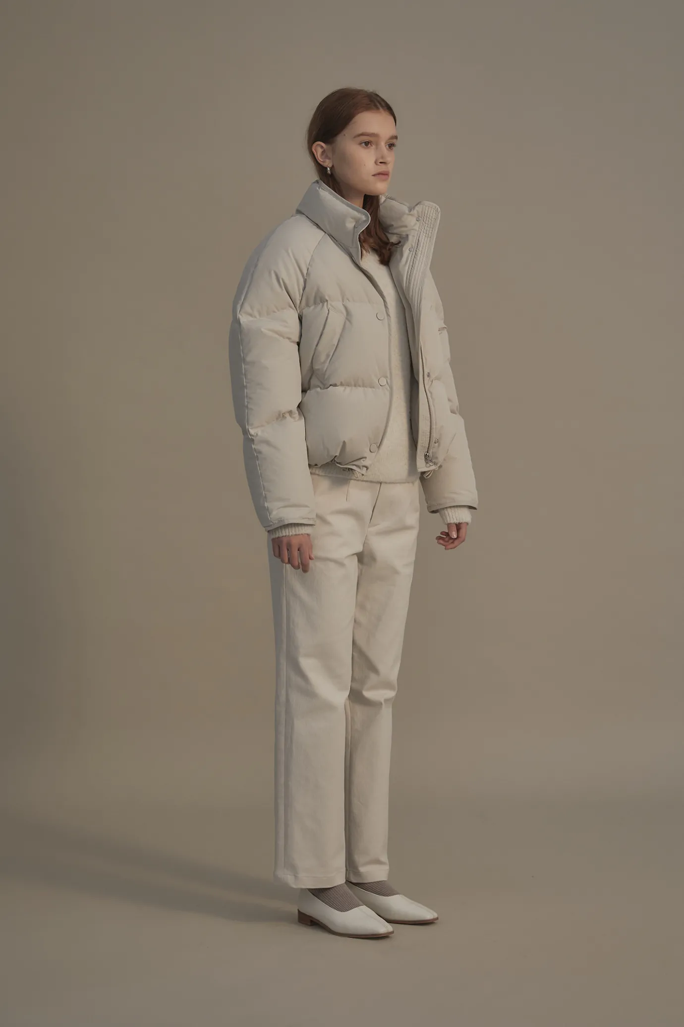 Nothing written Outwears-10TH / Cropped string puffer jacket (White fog)